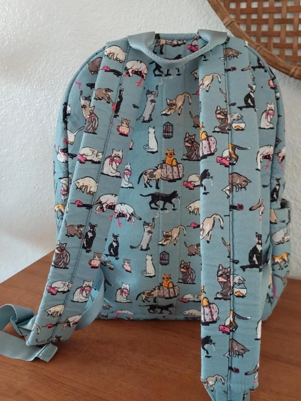 vera bradley cats meow Blue cat print backpack with multiple cat illustrations #